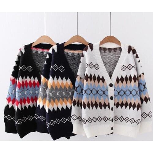 Womens Knitted Sweater Cardigan Black Color Diamond Jacquard New Style College Style V-neck Loose Top Coat 2021autumn Winter