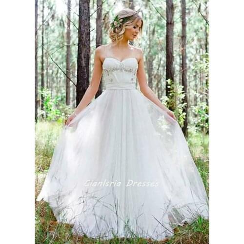 Bohemian Spaghetti Straps Beading Crystal Country A-Line Wedding Dress Sleeveless Appliques Boho Bridal Gown Vestido De Novia