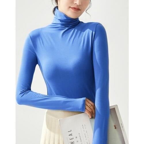 2020 New Autumn Winter Korean Women Modal Bottoming Top Long Sleeve Elastic Pullover Plus Size Turtleneck T Shirt Soft Fit Tops