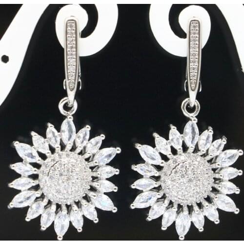 40x19mm Beautiful Flowers Shape Created White Bright Cubic Zircon For Sister Wedding Silver Earrings