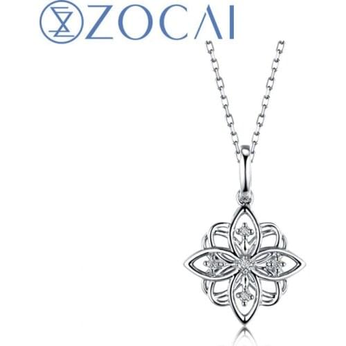 ZOCAI CHOKER CHERRY BLOSSOMS SHAPE 0.04CT 18K WHITE GOLD PENDANT + 925 STERLING SILVER CHAIN GIFT NECKLACE D04901