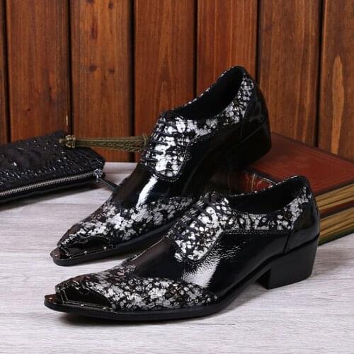 Christia Bella Plus Size Party Male Metal Pointed Toe Textile Printing Oxfords Shoes Genuine Leather Mens Highten Brogue Shoes