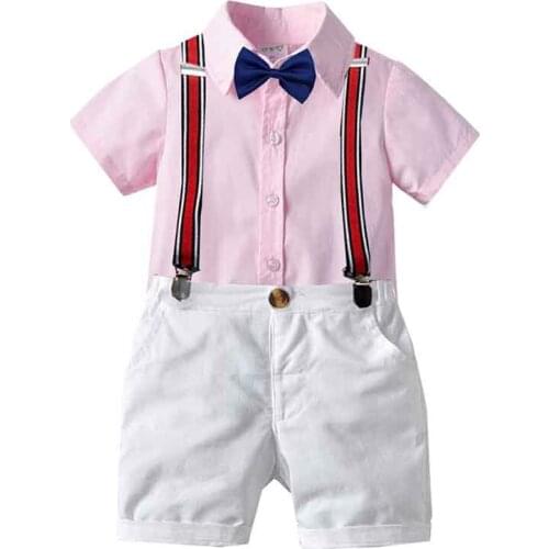 Kids Baby Boys Suit Sets Summer New Pink Shirt +White Shorts Birthday Party Gift Childrens Formal Clothing