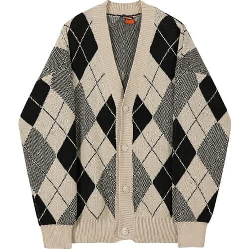 Casual V-Neck Clothes Vintage Oversized Plaid Kintted Cardigan Sweater Mens Korean Fashion Spring Autumn Outerwear