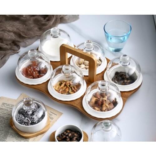 Ceramic Oven Baking Dessert Bowl Kitchen Pudding Cup With Glass Lid Divided Fruit Plate Creative Snack Storage Box