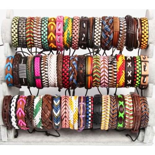 Classic Fashion wholesale 30pcs/pack mixed styles mens womens handmade retro leather surfer cuff bracelets (Color: Multicolor)