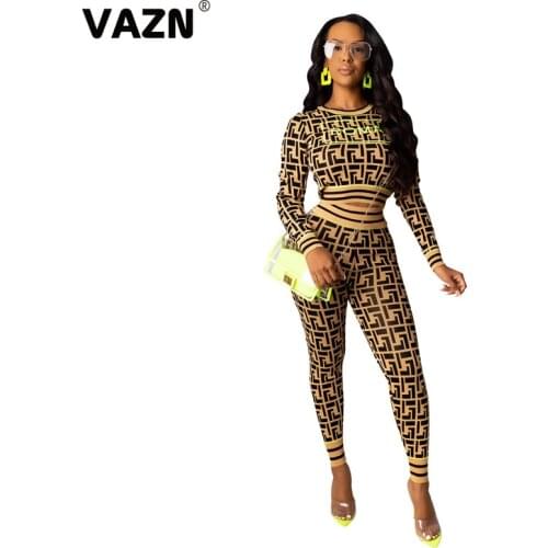 VAZN Autumn Top Quality Vintage Classic Plaid Sexy Untidy Fashion Full Sleeve Top Long Pants Elastic Women 2 Piece Set