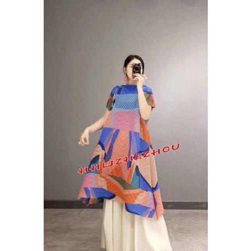 HOT SELLING Miyake Fashion short sleeve print slash neck fold dress IN STOCK