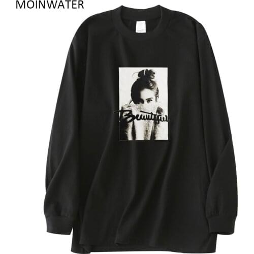 MOINWATER Women Fashion Autumn Tees Tops Lady Thick Cotton Fabric Black Grey T shirts with Pattern MLT2117