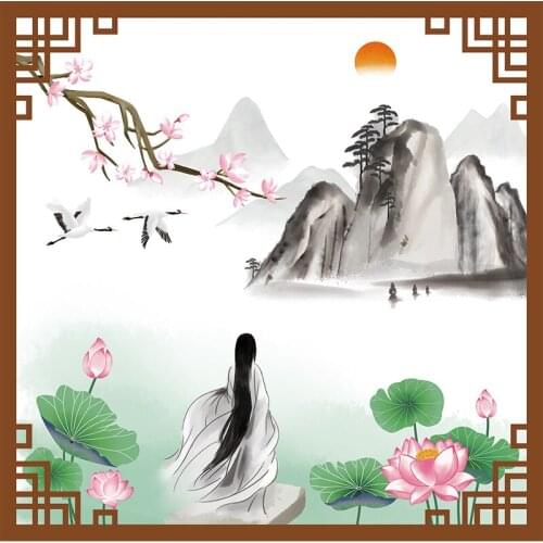 Chinese Style Landscape Wall Stickers Vintage Posters Living Room Background Wall Decoration Bedroom Furniture Lotus Vinyl Decal