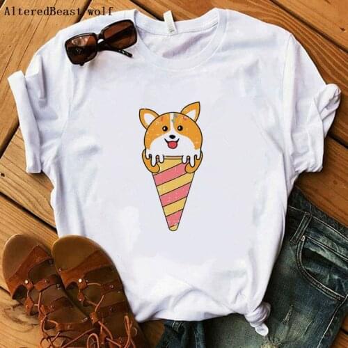 Corgi Dog Ice Cream New Fashion Short Sleeve Casual T-shirt Crazy Cute Cartoon Graphic Top Female Tee Summer Women T-shirt Tops