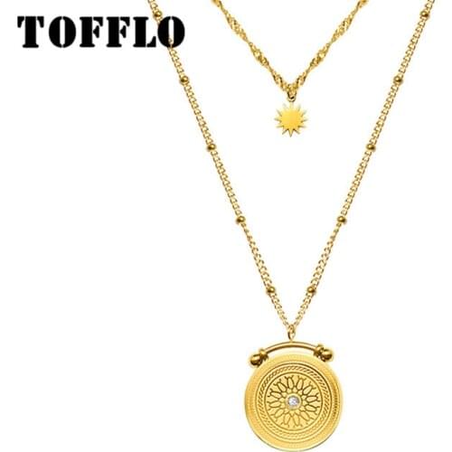 TOFFLO Stainless Steel Jewelry Eight Star Double Layer Zircon Necklace Womens Fashion Clavicle Chain BSP545