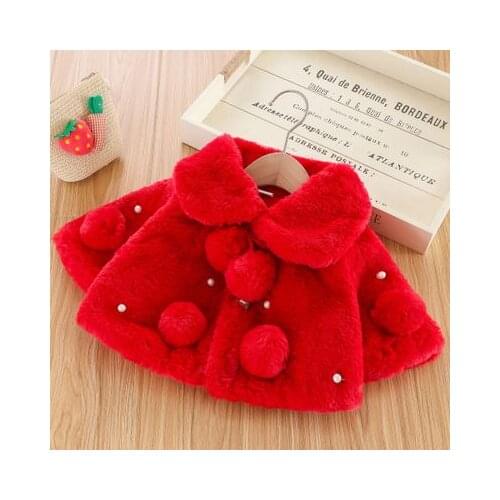 Toddler Winter Warm Clothes Solid-Color Wide Lapel Long Batwing Sleeve Fur Coat with Pompon Pearl Decoration Little Girl 0-4 Y