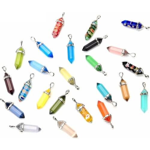 Natural Stone Pendant Pendulum Hexagonal Bullet Colorful Flower Lampwork Glass Cat Eye Crystal Pendant Pendulo DIY for Necklace