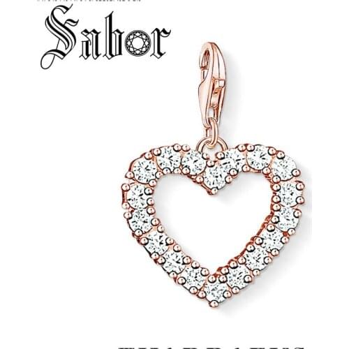 White Stone Rose Golden Heart Pendant Charm For Girl Jewelry Accessories Women Romantic Fit Bracelet Party thomas