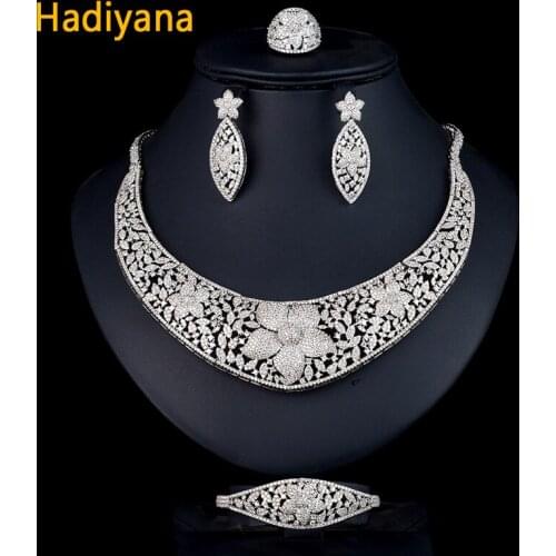 Hadiyana Luxury CZ African Bridal Jewelry 4pcs Sets Necklace Earrings Ring And Bracelet Fashion Women Wedding Accessories CN776