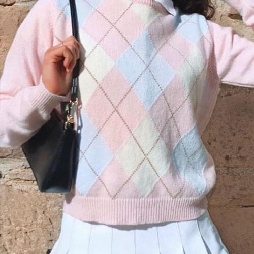 Pink Argyle Plaid Knitted Long Sleeve Autumn Sweater Women Preppy Style Cute Y2K Jumpers Winter Fashion 90s Knitwear