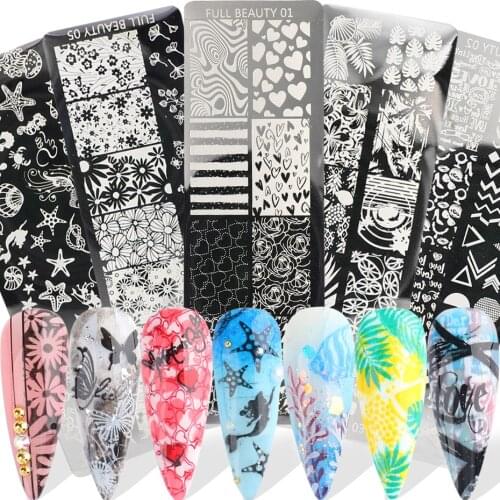 Nail Art Stamping Plate Nail Template Gel Printing Stencil Mermaid Flower Leaf Heart Ocean Design Nail Polish Mold NLFB01-06