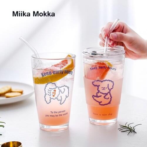 Glass Cup Coffee Mug High Quality Thicken Glass Mug Milk Coffee Tea Cup with Straw Cute Water Bottle