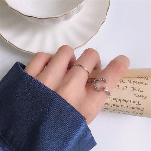 Rhinestone Moon Star Open Ring Set Korean Fashion Simple Wedding Rings for Women