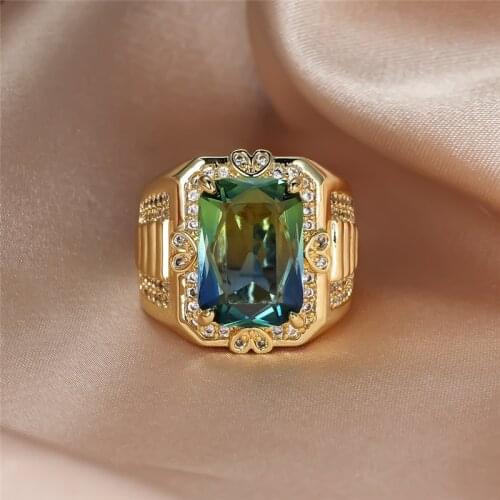 Vintage Female Blue Green Crystal Jewelry Cute Gold Color Wedding Rings For Women Charm Bride Square Zircon Engagement Big Ring