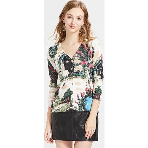 Preppy Style Flower Knit Cardigans Sweater Women V Neck Loose elegaht Thin Pull Femme Print Short Casual Single Breasted Coat