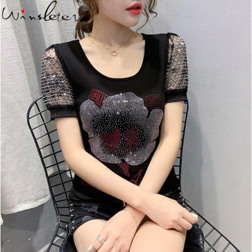 Summer Korean Style Cotton T-Shirt Fashion Sexy Shiny Diamond Women Tops Casual Short Sleeve Bottoming Shirt Tees 2021 T14426A