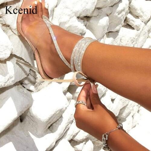 Kcenid Rhinestone Bling Strap Womens Sandals Square toe Narrow Band Lace-Up High Heels Sandals Summer Women Shoes Size 35-41