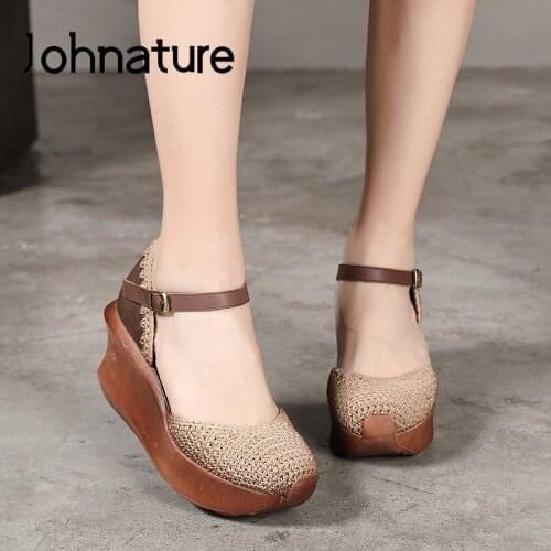 Johnature High Heels Retro Wedges Genuine Leather Buckle Strap Pumps Women Shoes 2021 Knitting Round Toe Platform Ladies Shoes