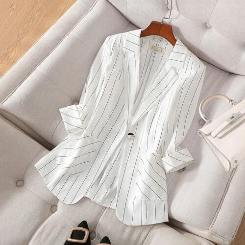 Women Tops Cotton Fashion Suit Coat Female 2021 Spring Short Stripe Print Small Suit Blazers Women Blazers and Jackets X260
