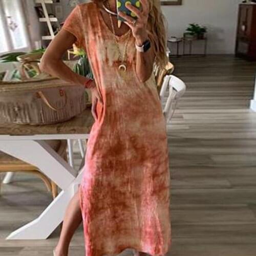 Casual Women Short Sleeve Split Long Dress Summer V-neck Tie-dye Print Maxi Dresses Ladies Loose Holiday Beach Dress Sundress