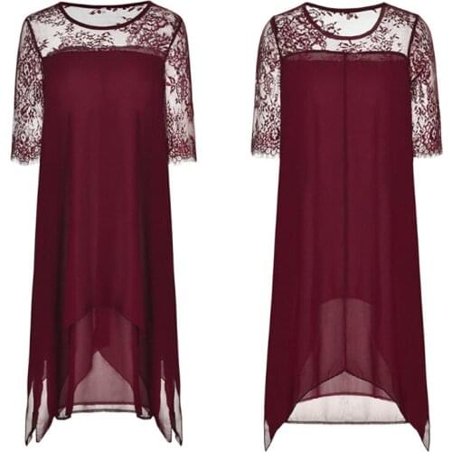 Women Summer Lace Dress Three Quarter Sleeve Sexy Dresses Elegant Vintage Plus Size Dress Chiffon Dress with Irregular Hem