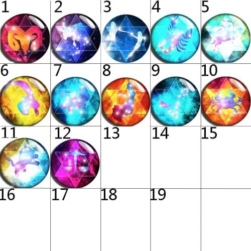 10mm 14mm 16mm 12mm 20mm 25mm 130 12pcs/lot Zodiac Mix Round Glass Cabochons Jewelry Findings 18mm Snap Button Charm Bracelet