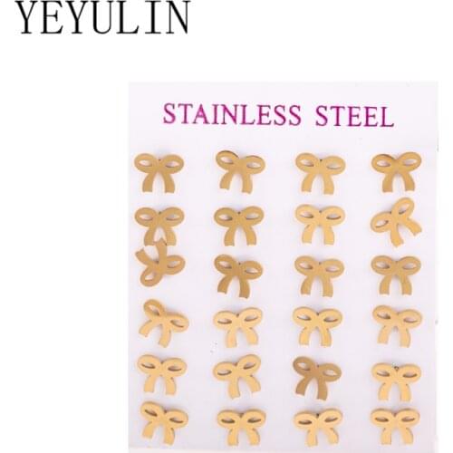 12pairs/Set Heart Star Bowknot Stud Earrings Set For Women Girls Stainless Steel Lock Heart Jewelry Ear Stud Earrings Accessory