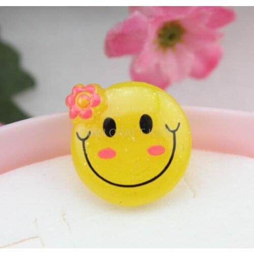 200pcs Kawaii Resin 18mm smiley face with flower glitter flatback decoden cabochons charm for scrapbooking glitter sparkle