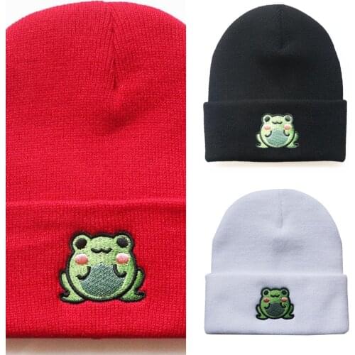 2021 Winter Cotton Knitted Beanie Embroidered Frog Beanie Hats For Women Fashion Elastic Warmer Bonnet Hat Hip Hop Caps For Men