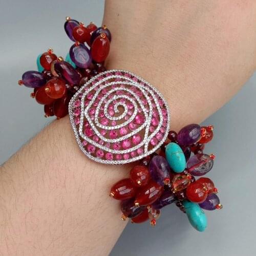 YYGEM 3Strands Red Rice Carnelian round Garnet oval Amethyst Turquoise Bracelet Cubic Zirconia Pave Connector 8"