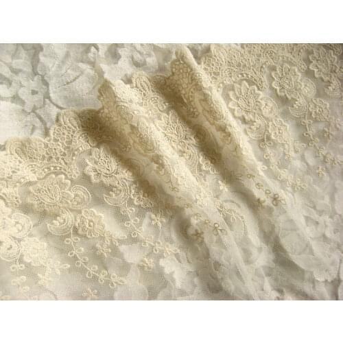Ivory lace trim, embroiderd lace with retro flowers, vintage bridal gown lace fabric