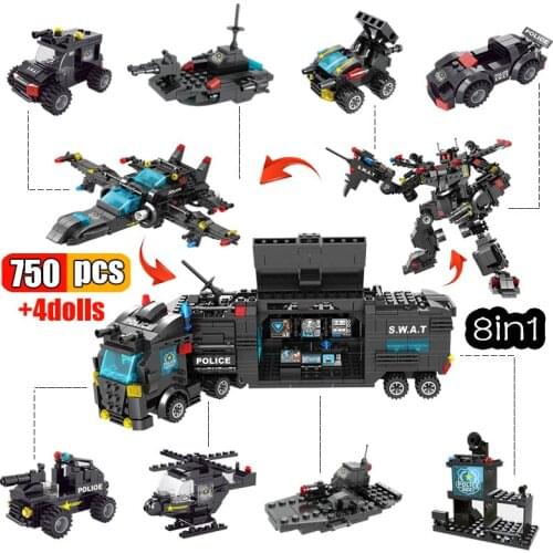 750Pcs Police SWAT Truck Building Blocks City Military Robocop Airplane Vehicle Weapons Technic DIY Bricks Toys For Boy Designer