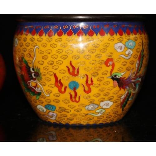 8"Chinese temple collection Old Bronze Cloisonne Enamel Dragon and phoenix texture Pen wash Big tank Ornaments Town House