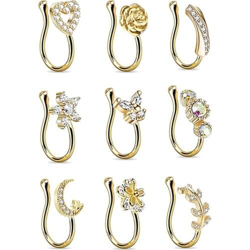 9Pcs/Set Flower Butterfly Fake Nose Ring Set Crystal Non Piercing Ear Cuff Cartilage Earring Clip On Fake Lip Piercing Jewelry