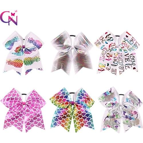6 Pieces/lot 7" Mermaid Cheer Bows With Elastic Hair Band For Girls Kids Metalic Pineapple Ponytail Hair Bows Hair Accessories