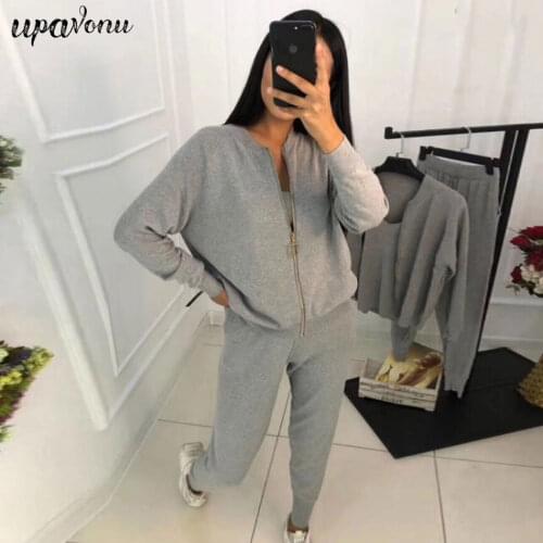 Free Shipping 2020 New Fashion Womens Knitted Sweater Set Casual Zip Long Sleeve Jacket & Camisole & Elastic Pants 3-piece Set