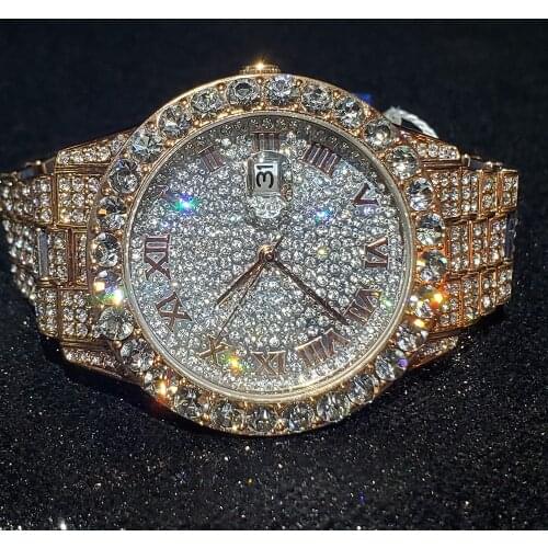 Hip Hop MISSFOX New Mens Iced Out Watches Luxury Automatic Date Wrist Watch Rose Gold Stainless Steel Watch For Rappers Jewelry