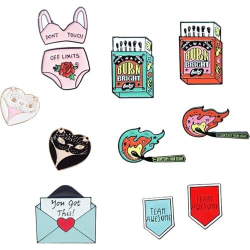 Burning Match Metal Enamel Brooch DON'T TOUCH Bikini Love Envelope Cat Badge Pin Cute Trendy Costume Jewelry Accessories Gift