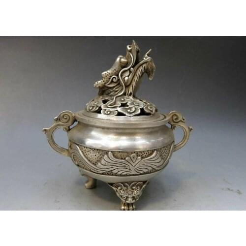China silver handwork carved beautiful censer luck dragon incense burner Statue
