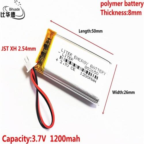 JST XH 2.54mm 3.7V 1200MAH802650 Lithium Polymer LiPo Rechargeable Battery For Mp3 headphone PAD DVD bluetooth camera