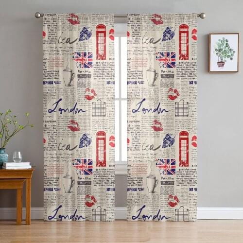 London Newspaper Curtain Window Tulle For Living Room Bedroom The Kitchen Window Treatment Decorations Curtains