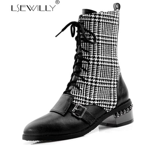 Lsewilly INS women Ankle boots Plus size 32-48 outdoor short boots autumn winter boots velvet Plaid stitching Martin boots K85