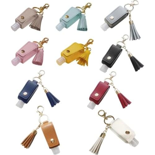 2021 New 30ml Portable Empty Leakproof Plastic Travel Bottle for Hand Sanitizer with Tassels Leather Keychain Holder Carriers
